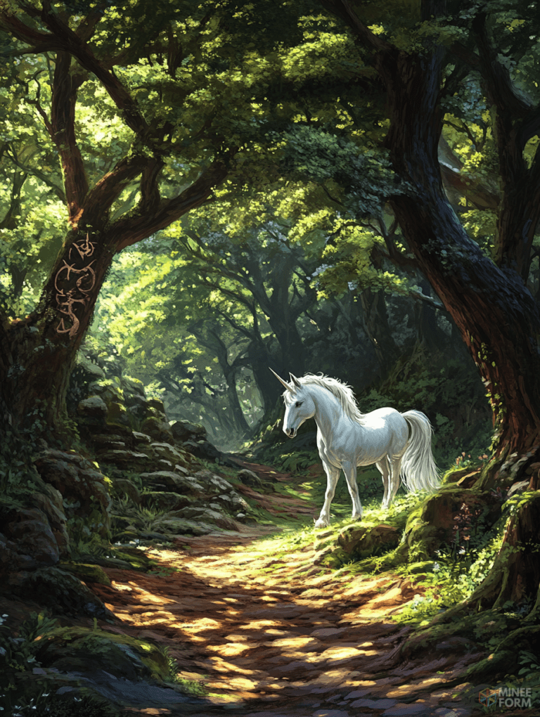 Majestic Unicorn Stands Gracefully in Enchanted Sunlit Forest Path Surrounded by Lush Greenery and Ancient Trees DND Digital Painting Wall Art 18 X 24 Inch Poster