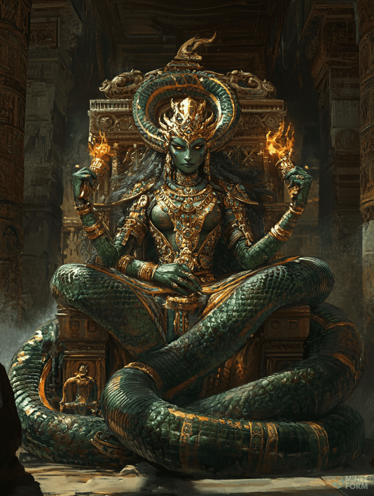 Enigmatic Serpent Goddess Enthroned Amidst Ancient Ruins Holding Flaming Torches with Coiled Emerald Scales and Ornate Golden Armor DND Digital Painting Wall Art 18 X 24 Inch Poster