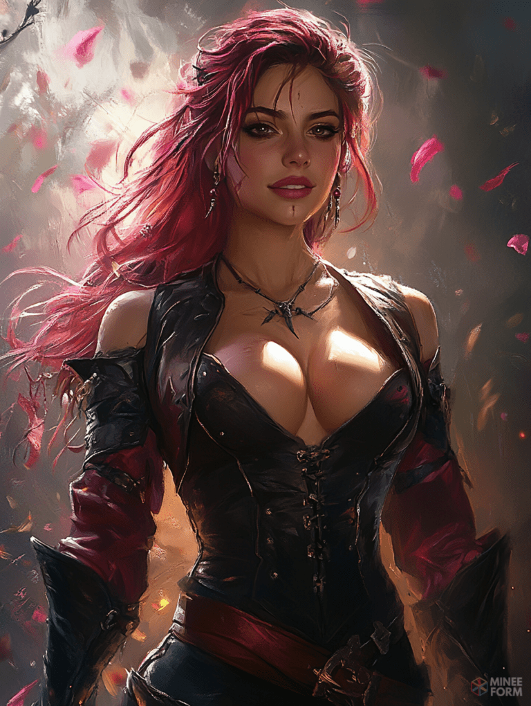 Enchanting Warrior with Flowing Crimson Hair Amidst a Whirlwind of Petals and Smoky Background DND Digital Painting Wall Art 18 X 24 Inch Poster