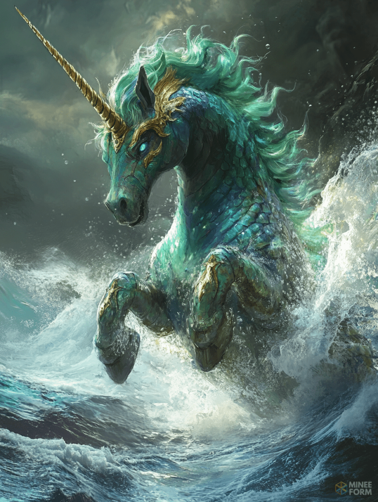 Majestic Sea Unicorn Rising from the Ocean Waves in a Stormy Sea with Shimmering Scales and Glowing Eyes DND Digital Painting Wall Art 18 X 24 Inch Poster