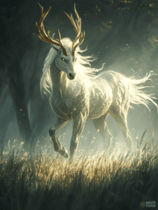 Ethereal White Stag with Majestic Antlers Illuminated by Golden Sunlight in a Mystical Forest Glade DND Digital Painting Wall Art 18 X 24 Inch Poster