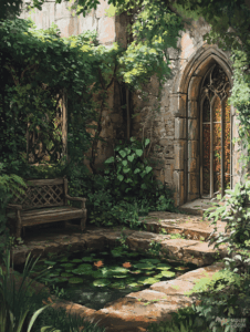 Enchanted Stone Archway Garden with Lily Pond and Wooden Bench Amid Lush Greenery and Sunlit Ivy-Covered Walls DND Digital Painting Wall Art 18 X 24 Inch Poster