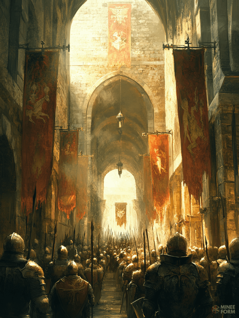 Majestic Procession of Armor-Clad Knights Marching Through an Arched Stone Corridor Draped with Crimson Banners Illuminated by Warm Sunlight DND Digital Painting Wall Art 18 X 24 Inch Poster