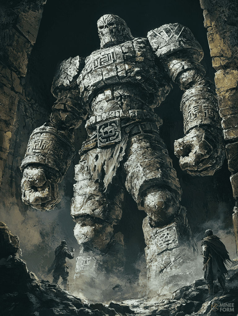 Colossal Guardian Awakens in the Ancient Cavern as Brave Adventurers Confront the Monumental Stone Sentinel Amidst Shadows and Mist in a Majestic Underground Realm DND Digital Painting Wall Art 18 X 24 Inch Poster