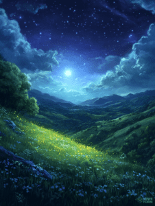 Starry Night Over Lush Green Hills and Vibrant Wildflower Meadow Illuminated by a Glowing Moon DND Digital Painting Wall Art 18 X 24 Inch Poster