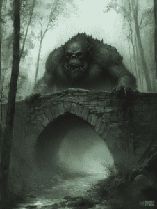 Massive Forest Troll Looming Over a Moss-Covered Stone Bridge in a Foggy Woodland Setting DND Digital Painting Wall Art 18 X 24 Inch Poster