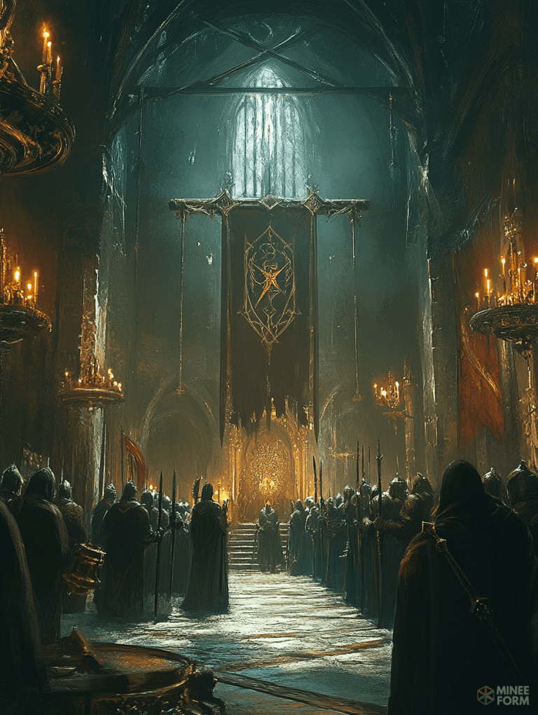 Majestic Gathering of Hooded Figures in a Candlelit Gothic Cathedral Hall with Ornate Banner and Regal Throne DND Digital Painting Wall Art 18 X 24 Inch Poster