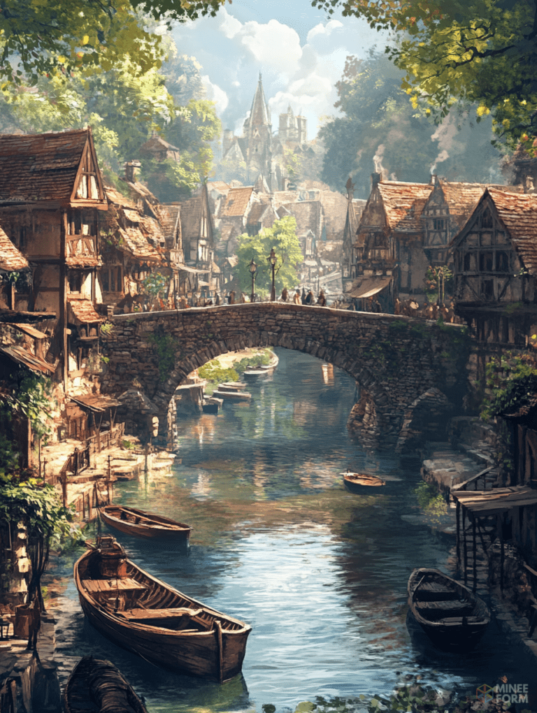 Bustling Medieval Riverside Village with Stone Bridge and Rowboats Amidst Lush Greenery and Charming Half-Timbered Houses Crowded by a Grand Cathedral in the Distance DND Digital Painting Wall Art 18 X 24 Inch Poster