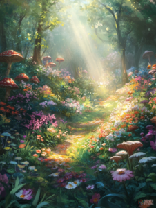 Sunlit Woodland Path Adorned with Vibrant Wildflowers and Enchanted Mushrooms in a Lush Green Forest DND Digital Painting Wall Art 18 X 24 Inch Poster