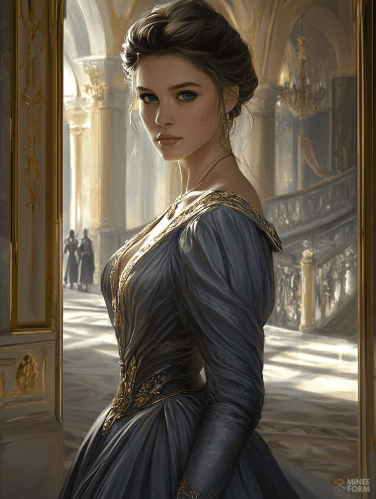 In the Grand Hall a Regal Woman in an Elegant Gown Gazes Intently Amidst Sunlit Classic Architecture DND Digital Painting Wall Art 18 X 24 Inch Poster