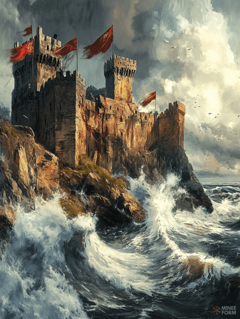 Majestic Coastal Fortress with Towering Battlements and Crimson Banners Overlooking a Turbulent Sea Under a Dramatic Cloud-Filled Sky DND Digital Painting Wall Art 18 X 24 Inch Poster