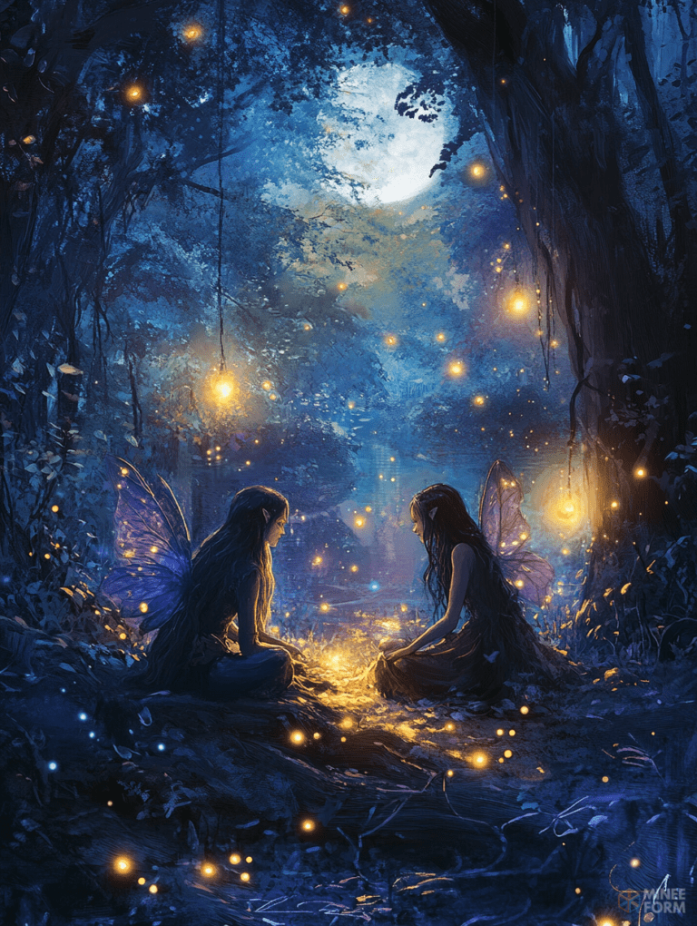 Illuminated Moonlit Forest Enchantment Two Fairies in a Magical Woodland Clearing Surrounded by Glittering Fireflies and Lanterns Beneath a Radiant Full Moon DND Digital Painting Wall Art 18 X 24 Inch Poster