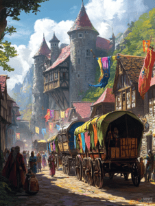 Bustling Medieval Market Street with Towering Castle Turrets and Colorful Caravans DND Digital Painting Wall Art 18 X 24 Inch Poster