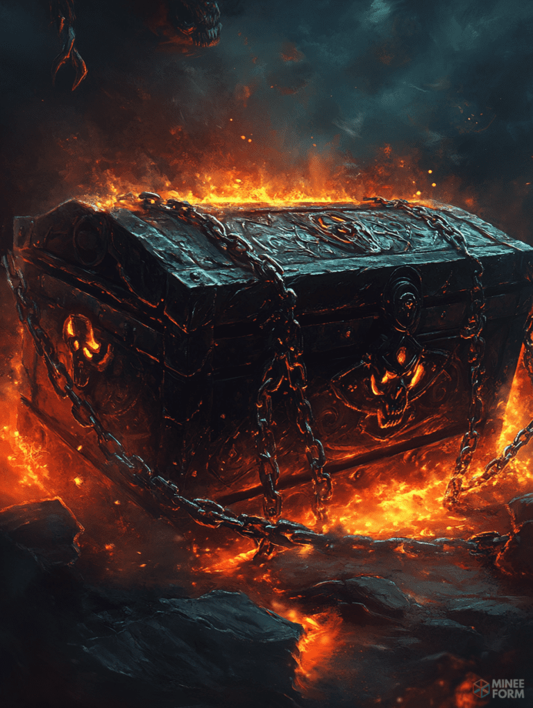 Ancient Cursed Chest Bound in Glowing Chains Amidst Fiery Flames in a Shadowy Abyss DND Digital Painting Wall Art 18 X 24 Inch Poster