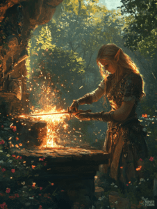 Elven Blacksmith Crafting a Glowing Sword in a Sunlit Enchanted Forest Workshop with Radiant Sparks and Blooming Flowers DND Digital Painting Wall Art 18 X 24 Inch Poster