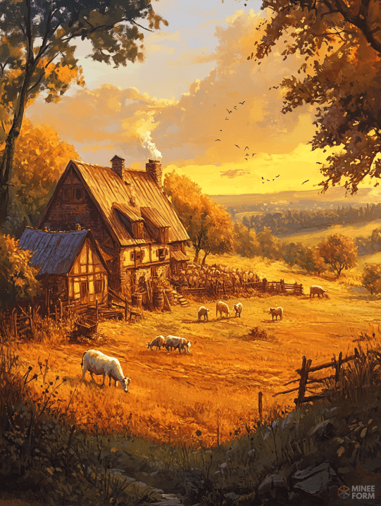 Idyllic Countryside Scene with Rustic Cottage and Grazing Sheep in the Golden Light of Autumn Sunset DND Digital Painting Wall Art 18 X 24 Inch Poster