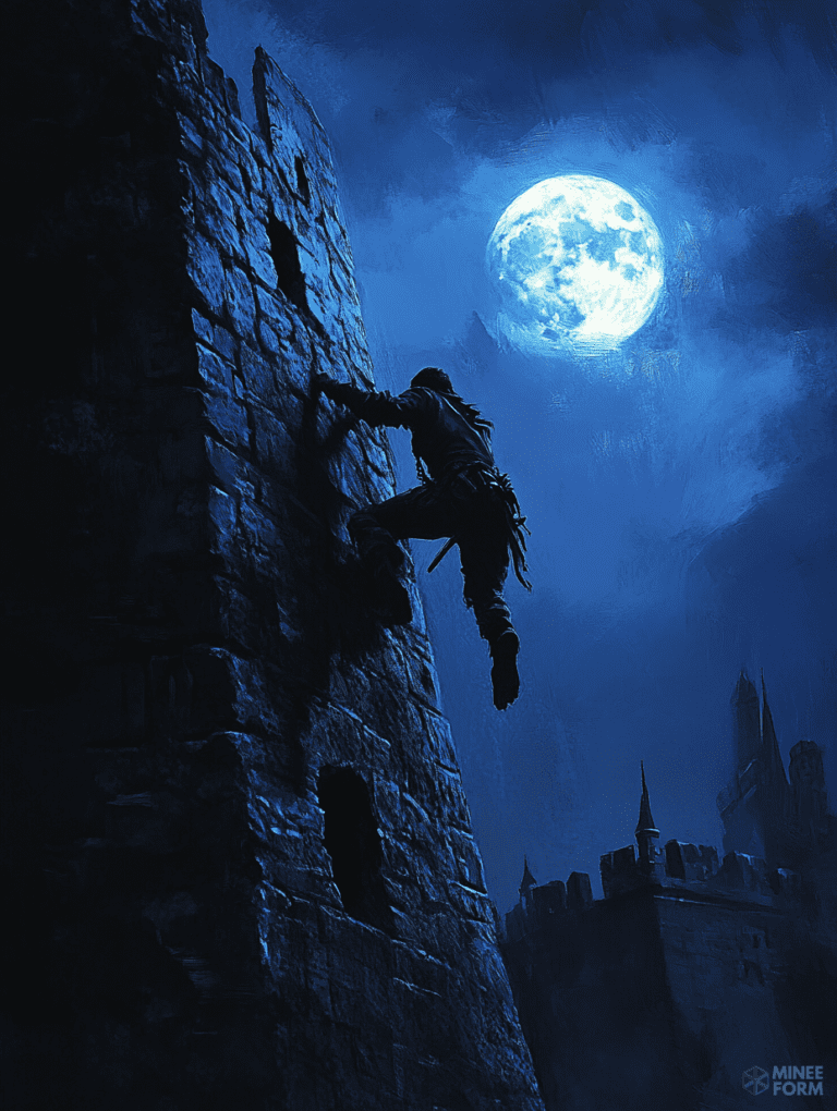 Adventurer Scaling Ancient Fortress Walls Under a Luminous Full Moon Sky DND Digital Painting Wall Art 18 X 24 Inch Poster