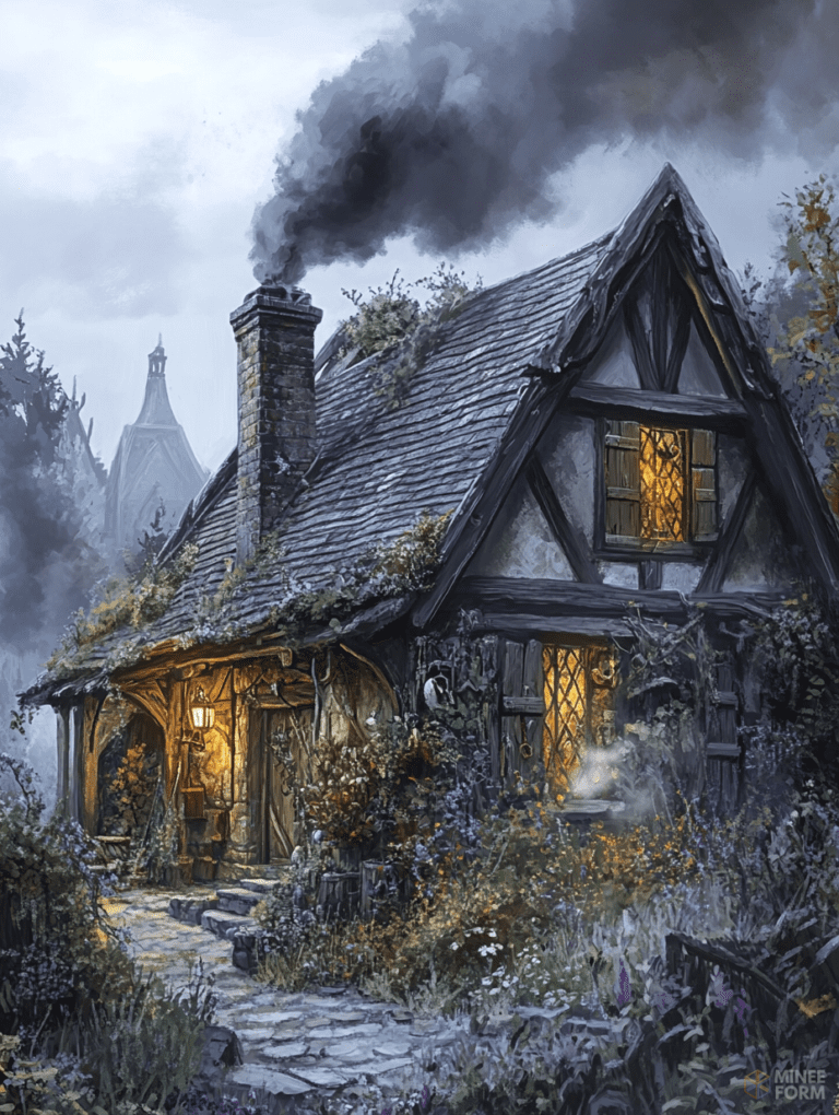 Cozy Cottage with Flickering Lanterns Surrounded by Lush Wildflowers and Dense Forest on a Misty Evening with Smoke Rising from Stone Chimney DND Digital Painting Wall Art 18 X 24 Inch Poster