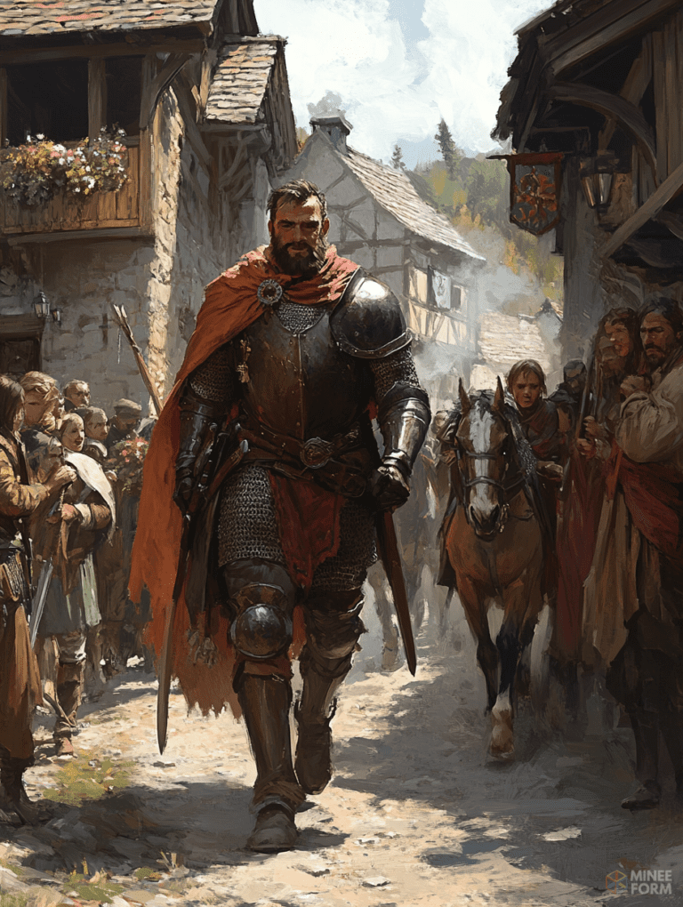 Chivalrous Knight in Gleaming Armor Strolling Through Bustling Medieval Village Street as Townsfolk Gather in Awe DND Digital Painting Wall Art 18 X 24 Inch Poster