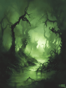 Enigmatic Green Marshland Veiled in Mist and Twisted Trees with Luminous Glow of the Night DND Digital Painting Wall Art 18 X 24 Inch Poster