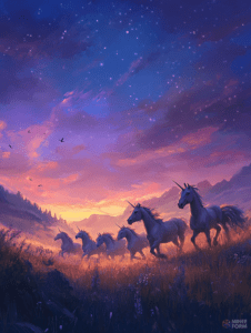 Majestic Unicorns Galloping Across a Lush Meadow Under a Starry Twilight Sky DND Digital Painting Wall Art 18 X 24 Inch Poster