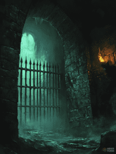 Mystical Glow Beyond the Iron Gate in a Shadowy Ancient Dungeon Corridor DND Digital Painting Wall Art 18 X 24 Inch Poster