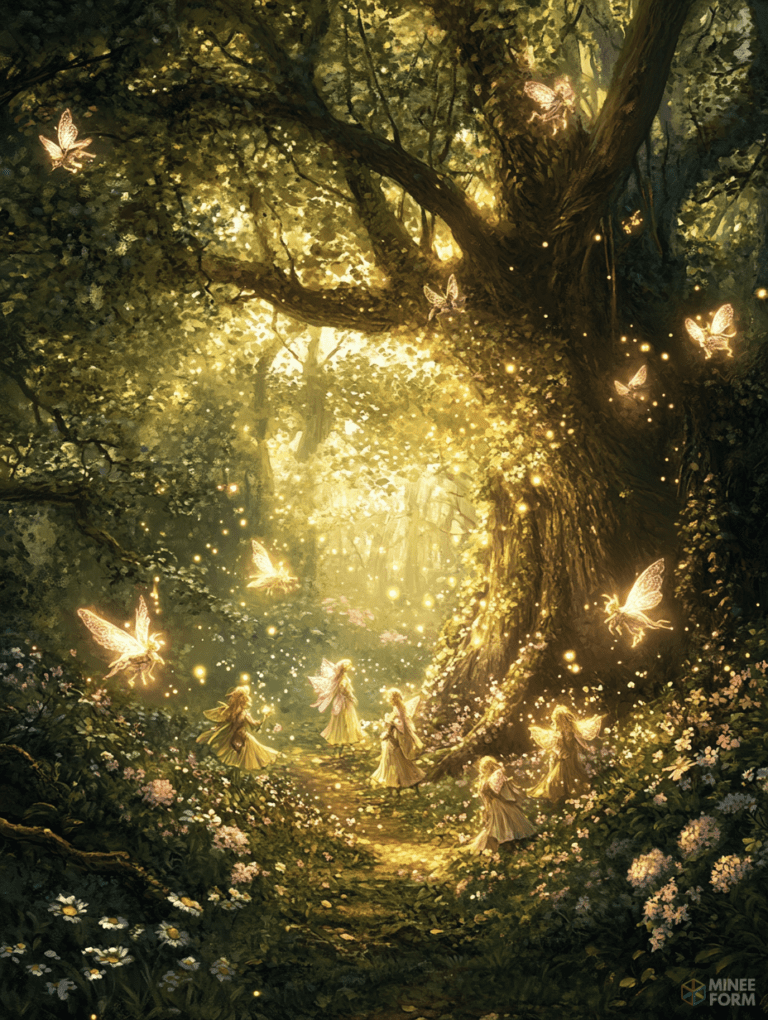 Enchanted Forest Pathway Illuminated by Golden Glimmering Fairies Dancing Among Blooming Flowers and Ancient Trees DND Digital Painting Wall Art 18 X 24 Inch Poster