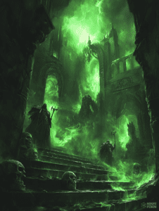 Mysterious Green Glow Illuminates Ancient Gothic Ruins with Hooded Figures and Skulls on a Stone Staircase DND Digital Painting Wall Art 18 X 24 Inch Poster