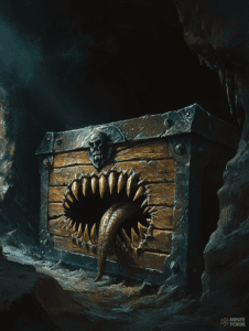 Ancient Wooden Chest with Sharp Teeth and Menacing Tongue in a Dark Cave Setting DND Digital Painting Wall Art 18 X 24 Inch Poster