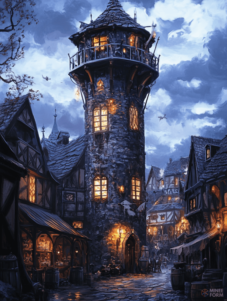 Old Stone Tower Illuminated by Warm Lantern Light in a Bustling Medieval Village Under a Dramatic Twilight Sky DND Digital Painting Wall Art 18 X 24 Inch Poster