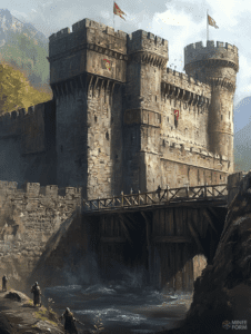 Majestic Stone Fortress Towering Over a Serene Riverbank with Banners Waving and Lone Figures Guarding an Ancient Stronghold Against a Backdrop of Misty Mountains and Dense Forests DND Digital Painting Wall Art 18 X 24 Inch Poster