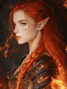 Fiery Elven Warrior with Flaming Red Hair and Searing Green Eyes Amidst a Blazing Background DND Digital Painting Wall Art 18 X 24 Inch Poster