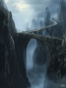 Majestic Stone Bridge Spanning Misty Mountain Chasms in a Mysterious Atmospheric Landscape DND Digital Painting Wall Art 18 X 24 Inch Poster