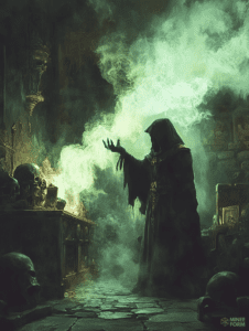 Hooded Sorcerer Conjures Ethereal Green Mist in Candlelit Chamber Filled with Skulls and Ancient Artifacts DND Digital Painting Wall Art 18 X 24 Inch Poster