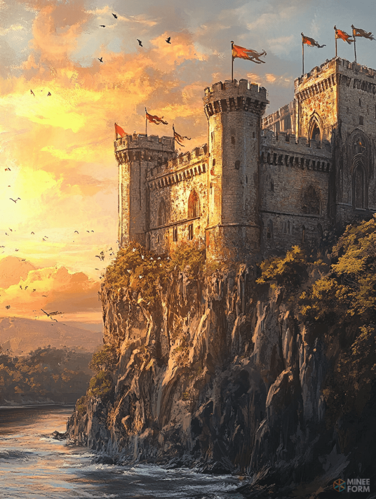 Majestic Stone Castle Perched on a Cliff at Sunset with Flags Waving in the Wind and Birds Soaring Across a Vibrant Sky DND Digital Painting Wall Art 18 X 24 Inch Poster