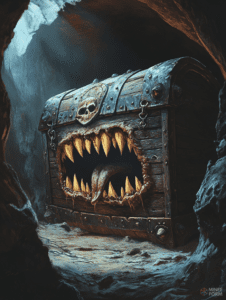 Treasure Chest of the Abyss with Menacing Fanged Mouth and Haunting Skull Design in Shadowy Cave Setting DND Digital Painting Wall Art 18 X 24 Inch Poster