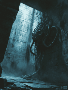 Eerie Serpent Creature Emerging from the Shadows of a Dimly Lit Ancient Chamber with Crumbling Stone Walls and a Mysterious Blue Glow DND Digital Painting Wall Art 18 X 24 Inch Poster