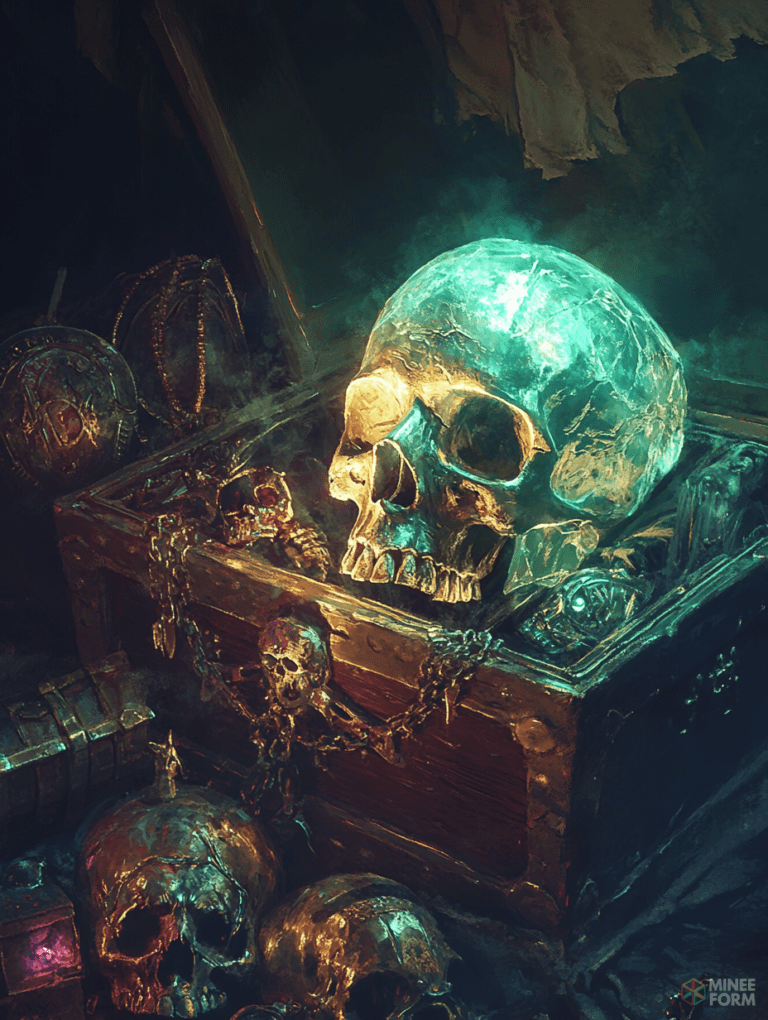 Ancient Treasure Chest with Glowing Crystal Skull Surrounded by Mystical Smoke and Abandoned Skulls in a Dark Enchanted Chamber DND Digital Painting Wall Art 18 X 24 Inch Poster