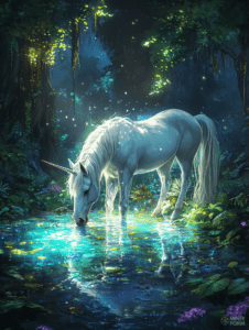 Enchanted Unicorn Drinking From a Luminous Forest Pond Illuminated by Magical Light DND Digital Painting Wall Art 18 X 24 Inch Poster