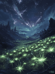 Majestic Nocturnal Landscape with Glowing Flora and a Star-Filled Sky Over Enchanted Valleys and Towering Mountain Peaks DND Digital Painting Wall Art 18 X 24 Inch Poster