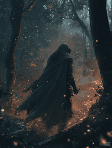 Mysterious Hooded Figure Wandering Through Enchanted Forest Under Glowing Embers and Twilight Shadows DND Digital Painting Wall Art 18 X 24 Inch Poster