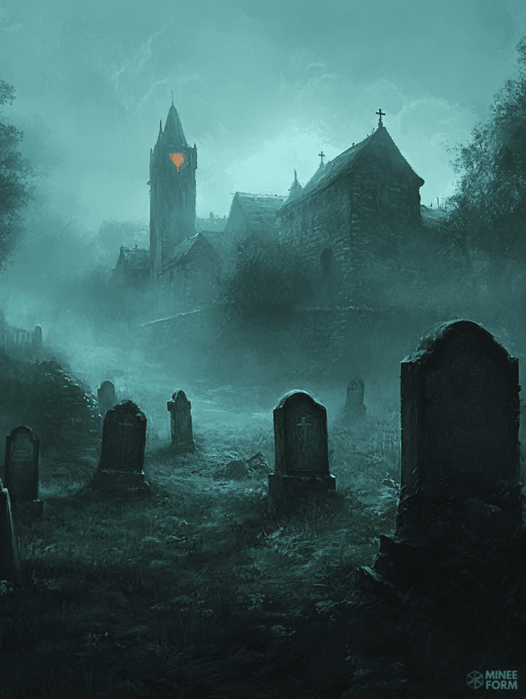 Mysterious Moonlit Cemetery with Eerie Church Tower Illuminated by Orange Glow Amidst Thick Mist and Overgrown Tombstones DND Digital Painting Wall Art 18 X 24 Inch Poster