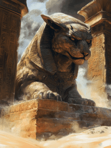 Majestic Feline Guardian of the Ancient Sandstone Temple Amidst Swirling Desert Sands and Pillars Engraved with Mysterious Hieroglyphs DND Digital Painting Wall Art 18 X 24 Inch Poster