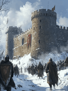 Knights Marching Through Snow Toward Majestic Stone Fortress In Winter Landscape DND Digital Painting Wall Art 18 X 24 Inch Poster