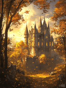 Majestic Castle Towering Amidst a Glowing Autumn Forest with Golden Leaves Cascading in the Gentle Breeze DND Digital Painting Wall Art 18 X 24 Inch Poster