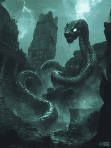 Colossal Serpent Emerges Within Mist-Shrouded Ancient Ruins Beneath Stormy Skies DND Digital Painting Wall Art 18 X 24 Inch Poster