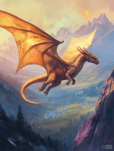 Majestic Dragon Soaring Above Lush Verdant Valley and Rugged Mountain Peaks at Sunrise DND Digital Painting Wall Art 18 X 24 Inch Poster