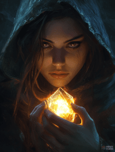 Mysterious Hooded Figure Enveloped in Darkness Holding a Glowing Crystal Illuminating Their Intense Gaze DND Digital Painting Wall Art 18 X 24 Inch Poster