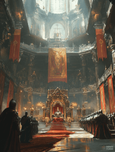 Regal Sovereign Seated on Majestic Throne in a Grand Hall Adorned with Flowing Red Banners and Noble Knights in Reverent Formation DND Digital Painting Wall Art 18 X 24 Inch Poster