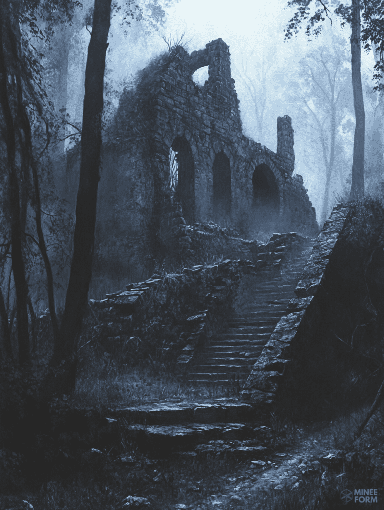 Misty Forest Path Leading to Mysterious Ancient Stone Ruins on a Foggy Night DND Digital Painting Wall Art 18 X 24 Inch Poster